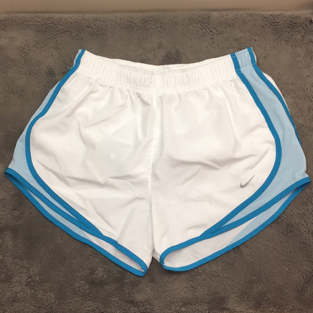 NIKE DRI-FIT blue and white running shorts